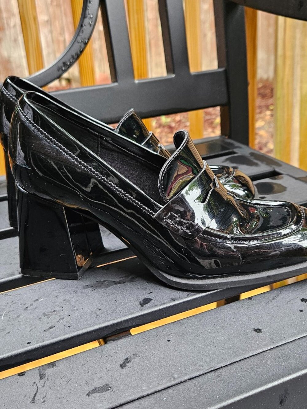 Nine West Zest Black Faux Patent Leather Block Heeled Loafers